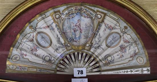 Two 19th century French painted paper fans, in gilt fan shaped cases